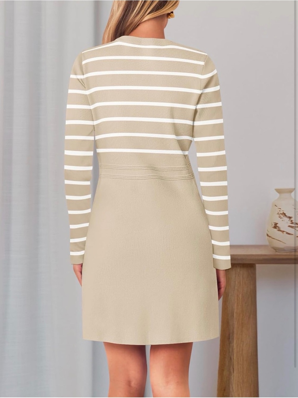 A93 MEROKEETY Beige Striped Long Sleeve Button-Front Mini XL Sweater Dress NWT - Picture 5 of 8